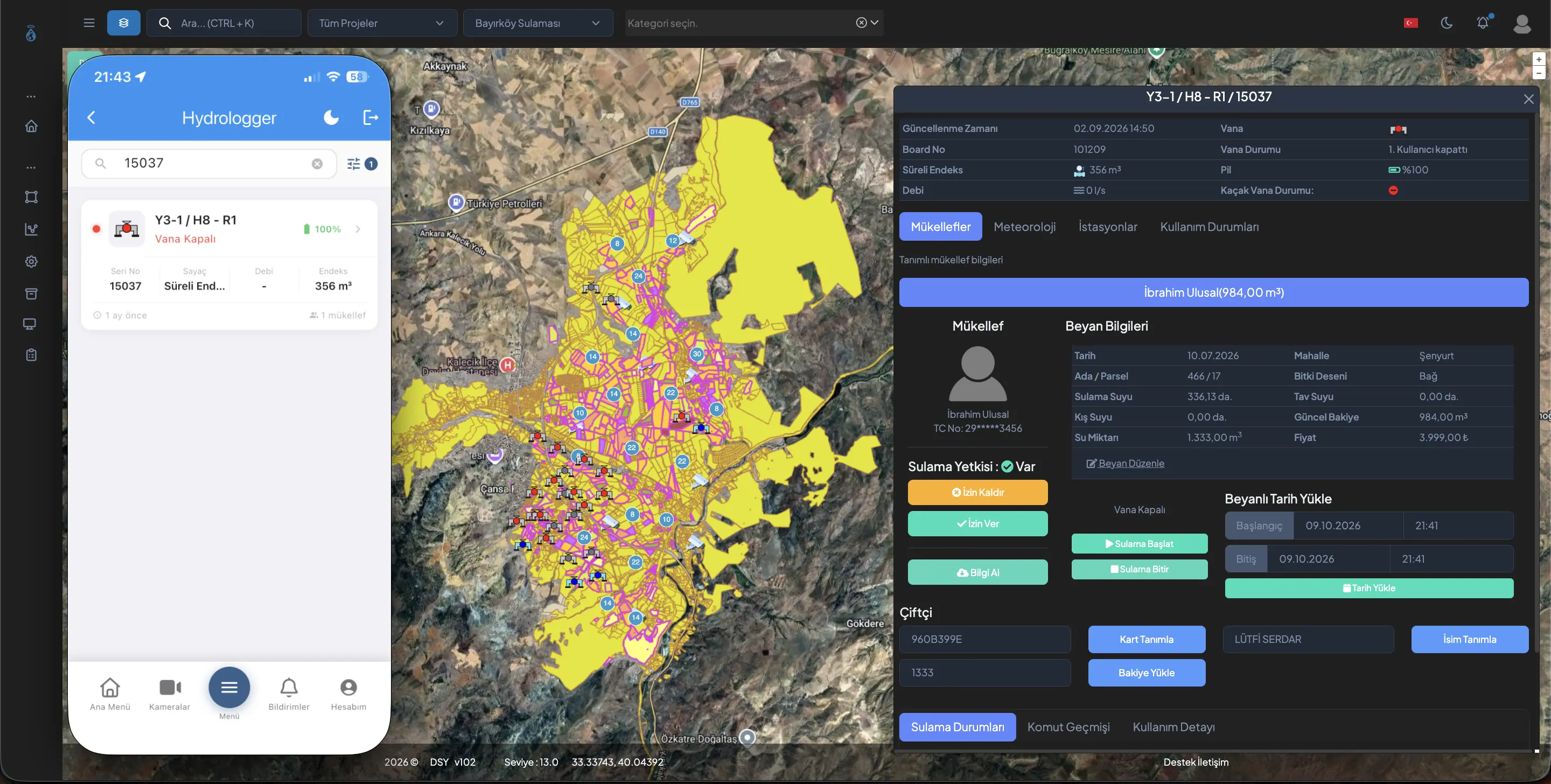 Hydrologger® hidrantlarının dijital işletme haritasında konum, kullanıcı ve vana durumu ile izlenmesi